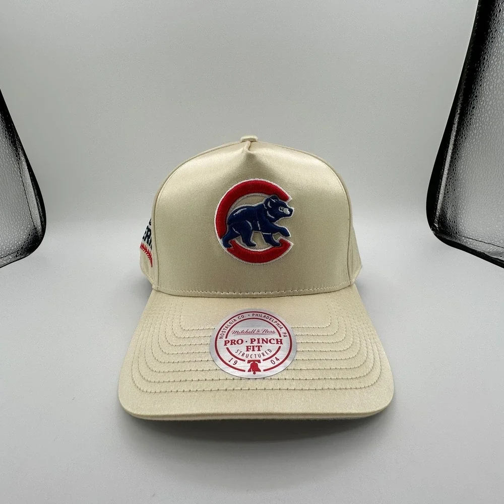Chicago Cubs Satin Snapback Hat Mitchell & Ness Pro Pinch Cream World Series NEW